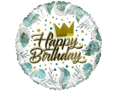 18in BIRTHDAY CROWN & LEAVES ECO FOIL BALLOON