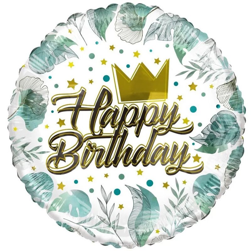 18in BIRTHDAY CROWN & LEAVES ECO FOIL BALLOON