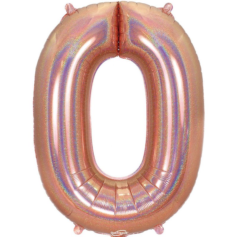 34in NUMBER 0 HOLOGRAPHIC ROSE GOLD FOIL BALLOON