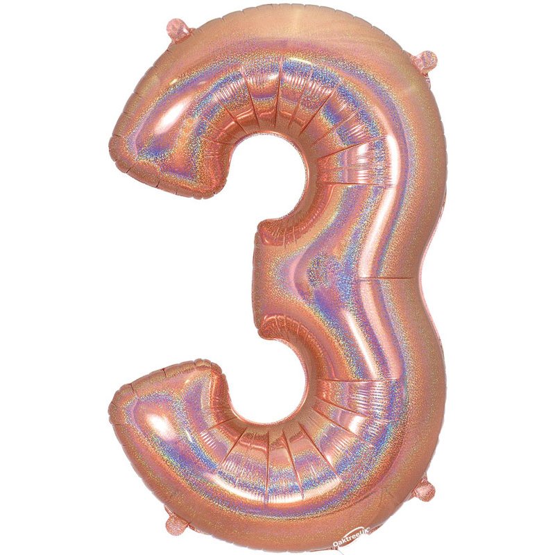 34in NUMBER 3 HOLOGRAPHIC ROSE GOLD FOIL BALLOON