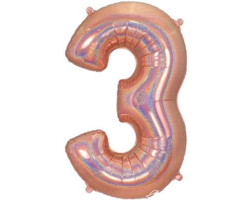 34in NUMBER 3 HOLOGRAPHIC ROSE GOLD FOIL BALLOON