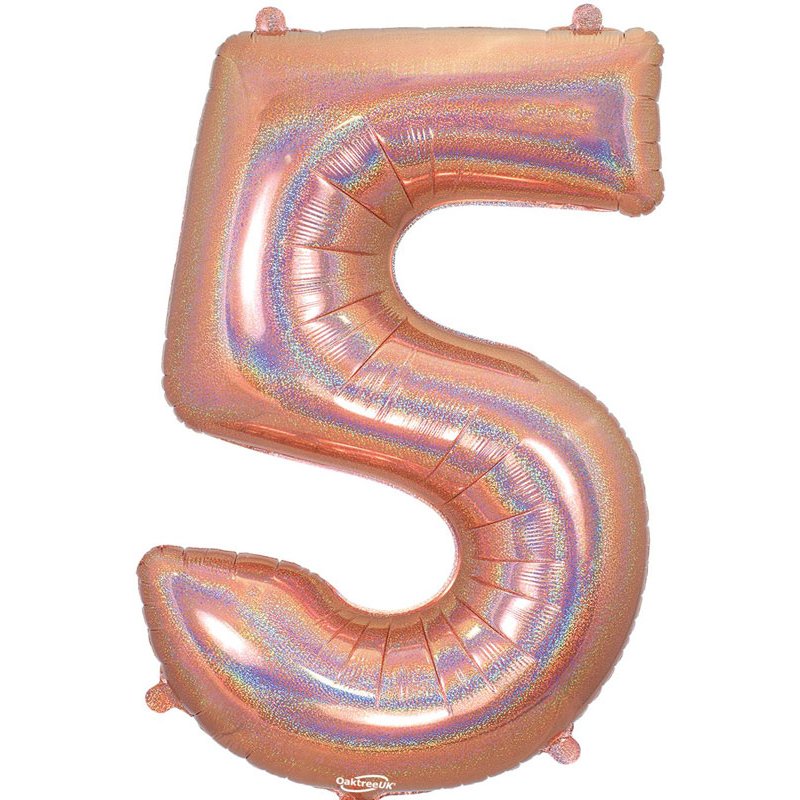 34in NUMBER 5 HOLOGRAPHIC ROSE GOLD FOIL BALLOON