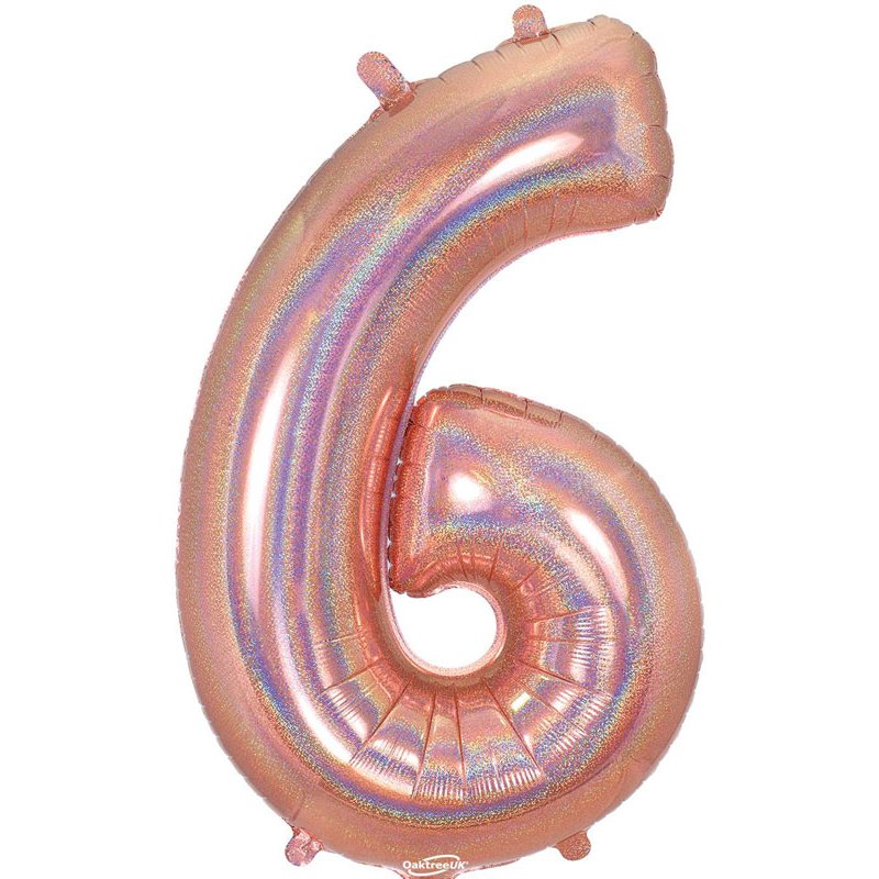 34in NUMBER 6 HOLOGRAPHIC ROSE GOLD FOIL BALLOON