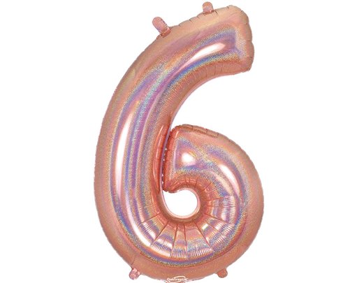 34in NUMBER 6 HOLOGRAPHIC ROSE GOLD FOIL BALLOON
