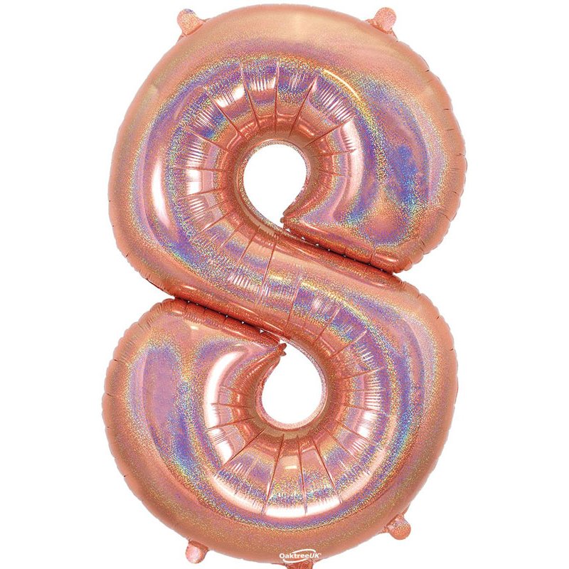 34in NUMBER 8 HOLOGRAPHIC ROSE GOLD FOIL BALLOON