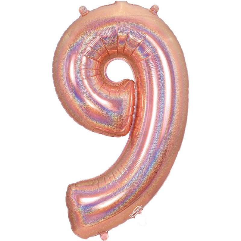 34in NUMBER 9 HOLOGRAPHIC ROSE GOLD FOIL BALLOON