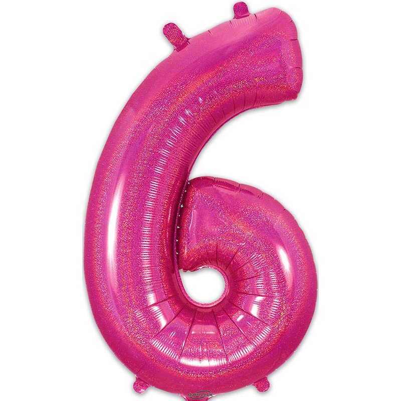 34in NUMBER 6 HOLOGRAPHIC PINK FOIL BALLOON