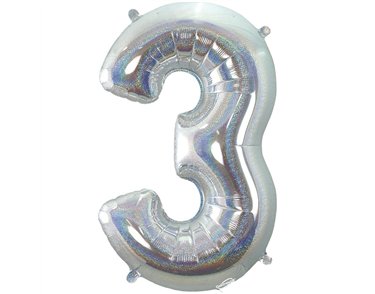 34in NUMBER 3 HOLOGRAPHIC SILVER FOIL BALLOON