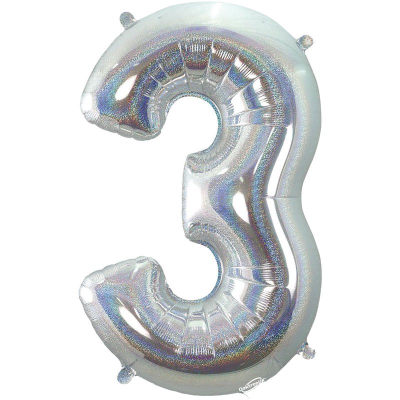 34in NUMBER 3 HOLOGRAPHIC SILVER FOIL BALLOON