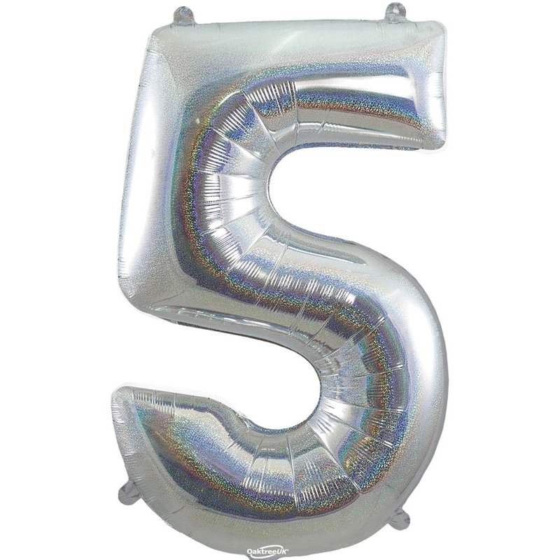 34in NUMBER 5 HOLOGRAPHIC SILVER FOIL BALLOON