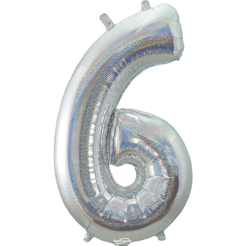 34in NUMBER 6 HOLOGRAPHIC SILVER FOIL BALLOON