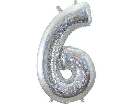 34in NUMBER 6 HOLOGRAPHIC SILVER FOIL BALLOON