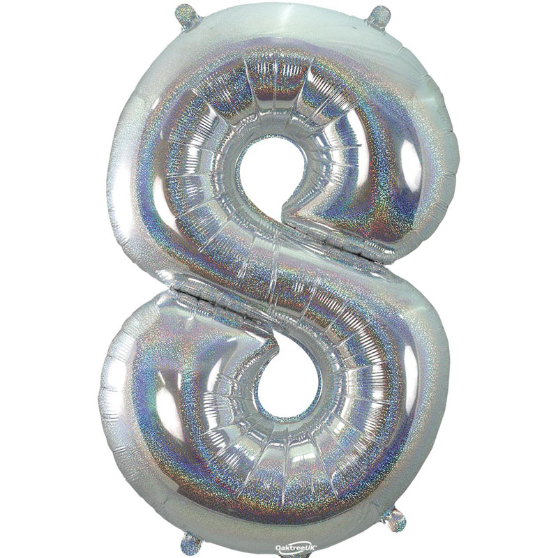 34in NUMBER 8 HOLOGRAPHIC SILVER FOIL BALLOON