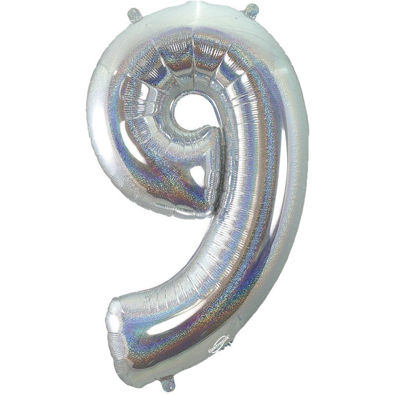 34in NUMBER 9 HOLOGRAPHIC SILVER FOIL BALLOON