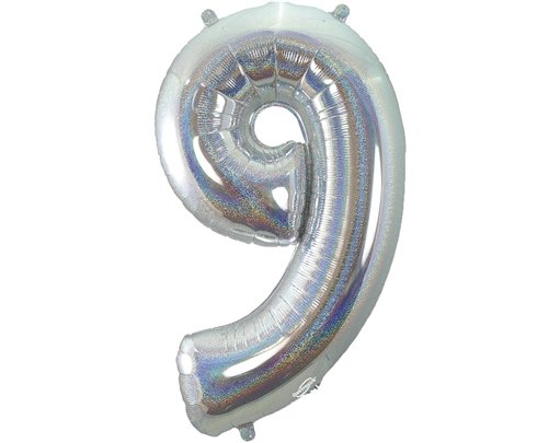 34in NUMBER 9 HOLOGRAPHIC SILVER FOIL BALLOON