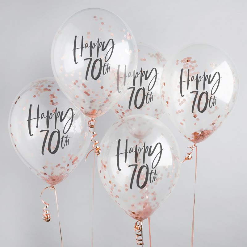 5PK 12in HAPPY 70TH ROSE GOLD TISSUE CONFETTI BALLOONS