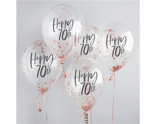 5PK 12in HAPPY 70TH ROSE GOLD TISSUE CONFETTI BALLOONS