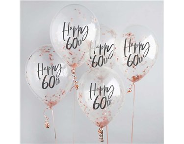 5PK 12in HAPPY 60TH ROSE GOLD TISSUE CONFETTI BALLOONS