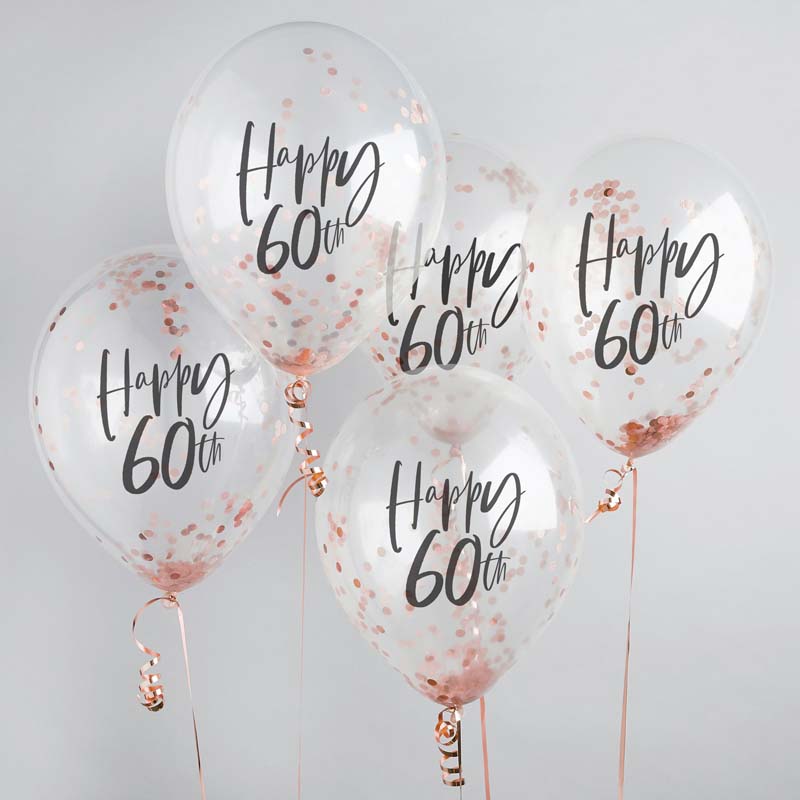 5PK 12in HAPPY 60TH ROSE GOLD TISSUE CONFETTI BALLOONS