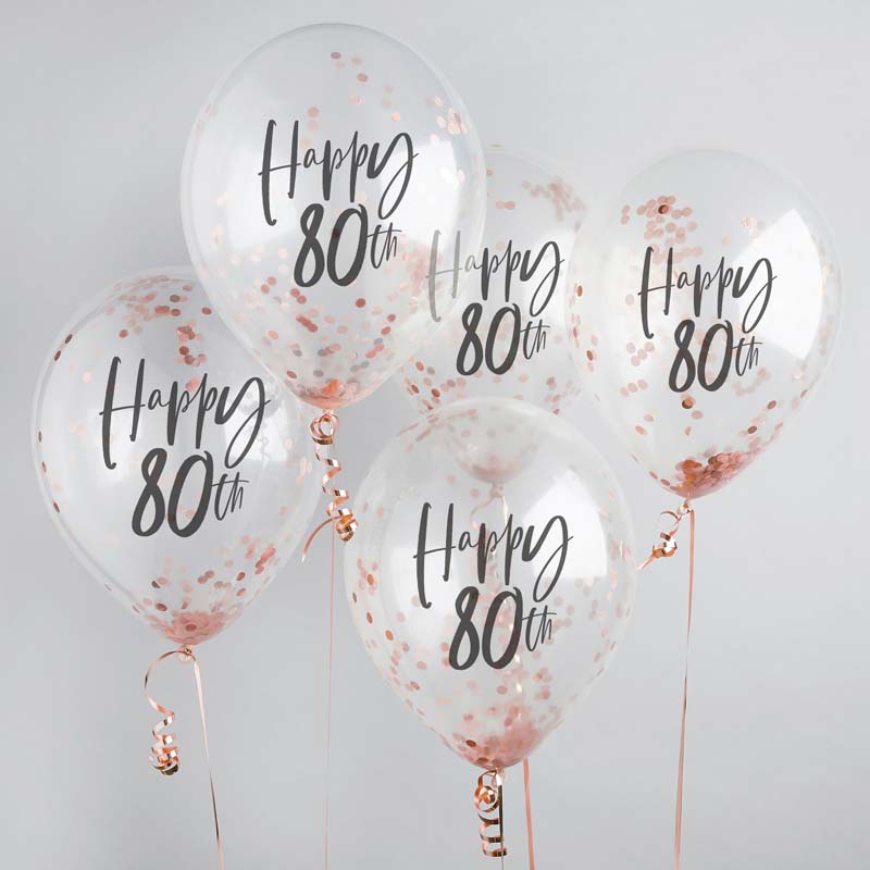 5PK 12in HAPPY 80TH ROSE GOLD TISSUE CONFETTI BALLOONS