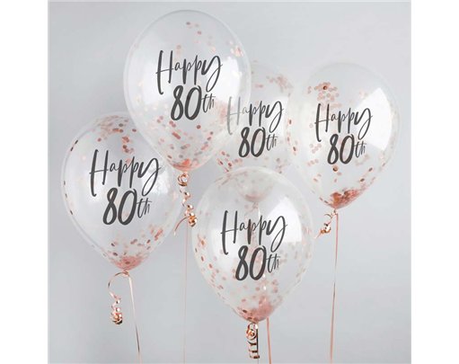 5PK 12in HAPPY 80TH ROSE GOLD TISSUE CONFETTI BALLOONS