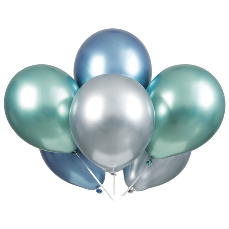 6PK 11in ASST BLUE/GREEN/SILVER PLATINUM LATEX BALLOONS
