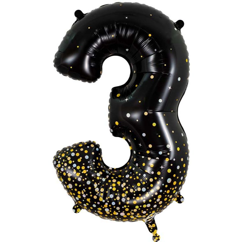 34in NUMBER 3 SPARKLING FIZZ BLACK GOLD FOIL BALLOON