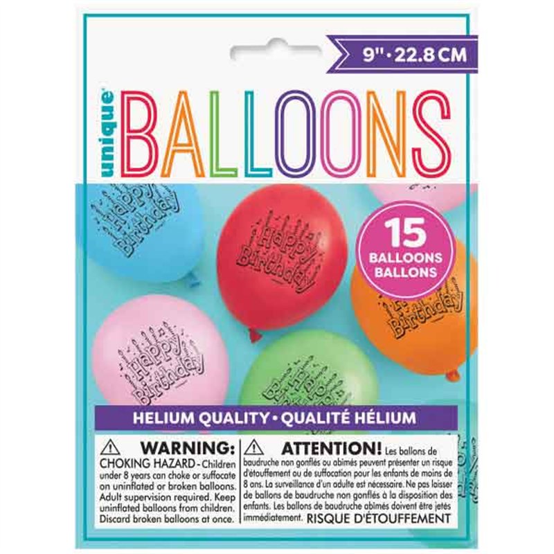 15PK 9in HAPPY BIRTHDAY BALLOONS