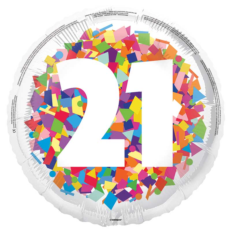 18in BRIGHT CONFETTI 21ST FOIL BALLOON