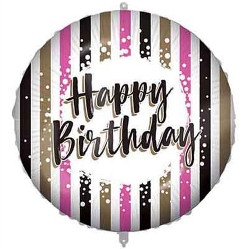 18in HAPPY BIRTHDAY PINK/GOLD STRIPES FOIL BALLOON