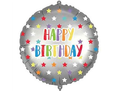 18in HAPPY BIRTHDAY SILVER COLORFUL STARS FOIL BALLOON