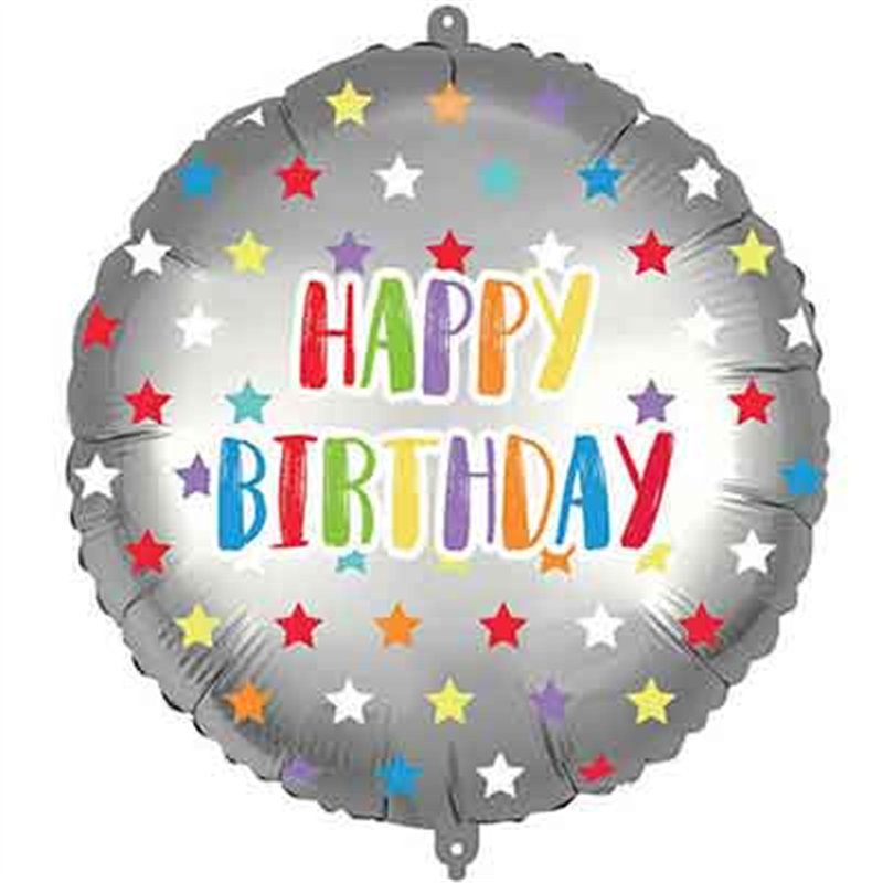 18in HAPPY BIRTHDAY SILVER COLORFUL STARS FOIL BALLOON