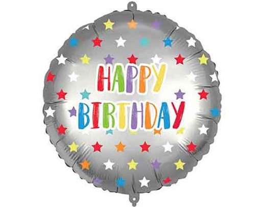 18in HAPPY BIRTHDAY SILVER COLORFUL STARS FOIL BALLOON