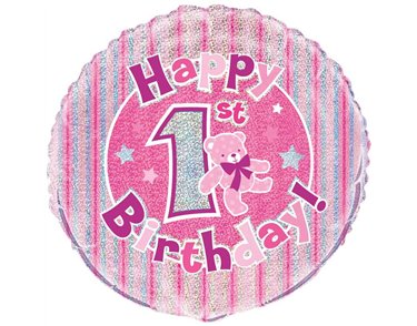 18in PINK 1ST BIRTHDAY PRISM ROUND FOIL BALLOON