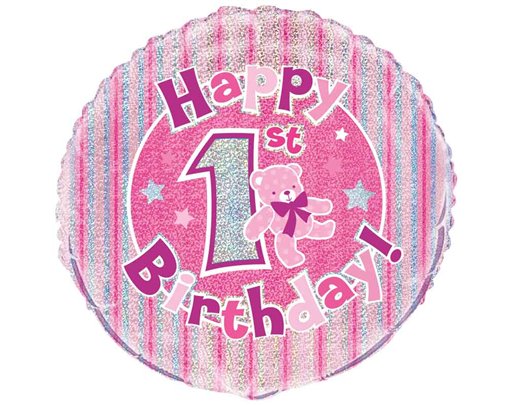 18in PINK 1ST BIRTHDAY PRISM ROUND FOIL BALLOON