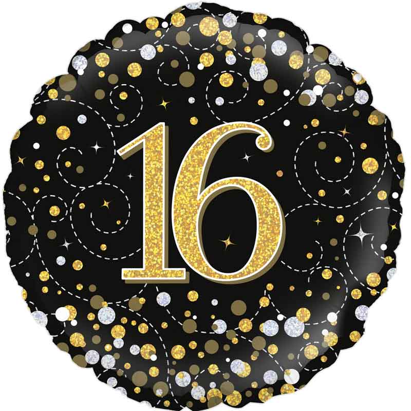 18in 16TH SPARKLING FIZZ BLACK GOLD FOIL BALLOON