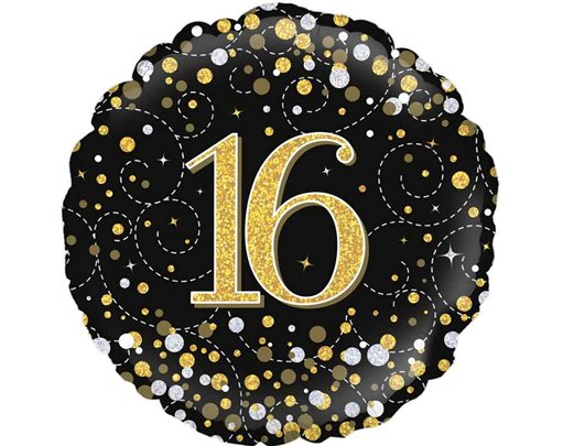 18in 16TH SPARKLING FIZZ BLACK GOLD FOIL BALLOON