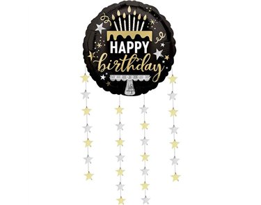 32in BLACK SILVER GOLD DANGLING BIRTHDAY STARS FOIL BALLOON