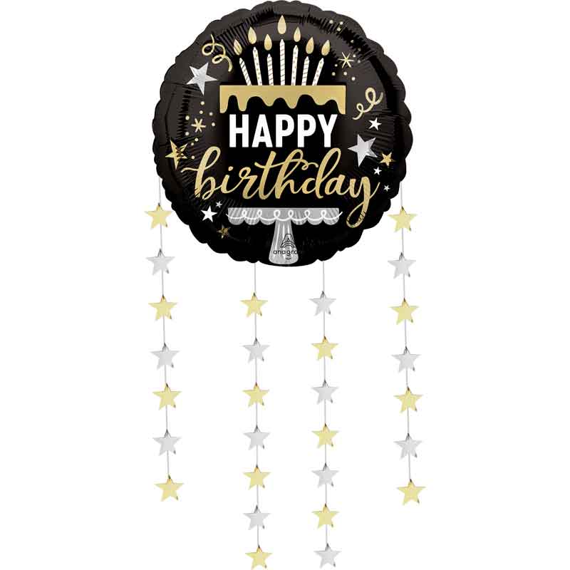 32in BLACK SILVER GOLD DANGLING BIRTHDAY STARS FOIL BALLOON