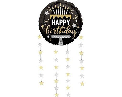 32in BLACK SILVER GOLD DANGLING BIRTHDAY STARS FOIL BALLOON