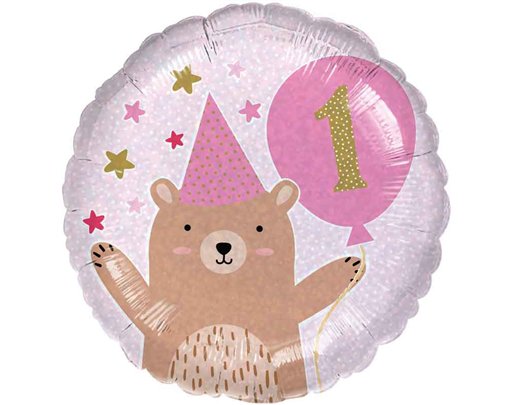 18in 1ST BIRTHDAY BEAR GIRL FOIL BALLOON