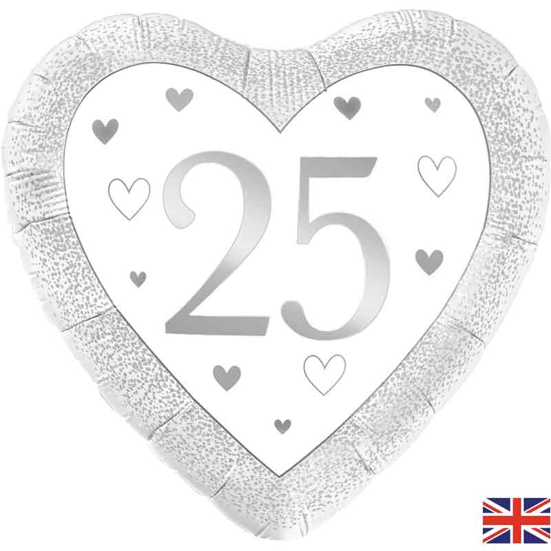 18in HAPPY 25TH SILVER ANNIVERSARY HEART FOIL BALLOON