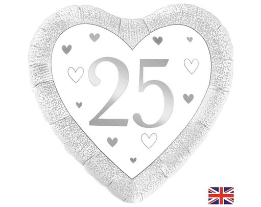 18in HAPPY 25TH SILVER ANNIVERSARY HEART FOIL BALLOON