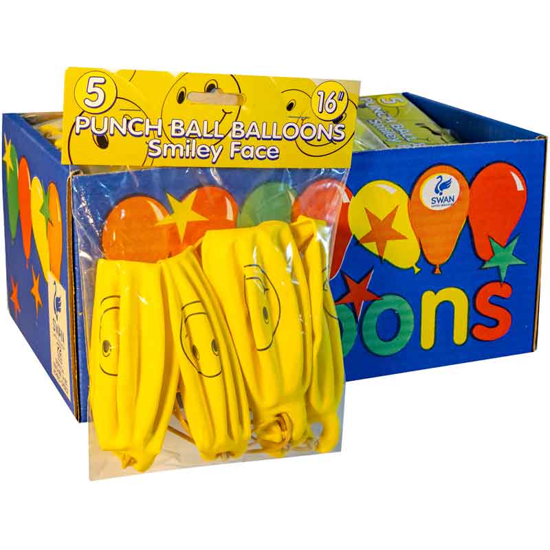 5PK 16in ASST SMILEY FACE PUNCHBALL BALLOONS 15S