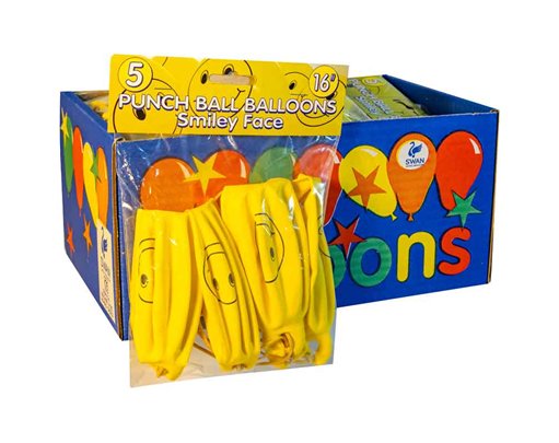 5PK 16in ASST SMILEY FACE PUNCHBALL BALLOONS 15S