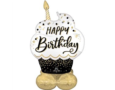 SATIN BLACK, SILVER AND GOLD BIRTHDAY WISHES AIRLOONZ BALLOON