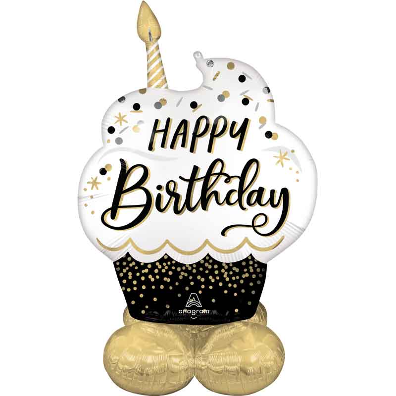 SATIN BLACK, SILVER AND GOLD BIRTHDAY WISHES AIRLOONZ BALLOON