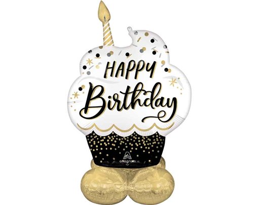 SATIN BLACK, SILVER AND GOLD BIRTHDAY WISHES AIRLOONZ BALLOON