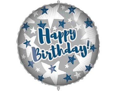 18in "HAPPY BIRTHDAY" BLUE AND SILVER STARS FOIL BALLOON