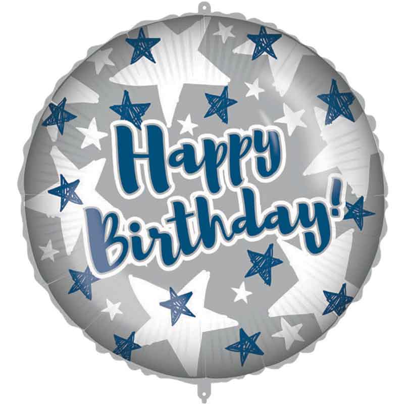 18in "HAPPY BIRTHDAY" BLUE AND SILVER STARS FOIL BALLOON
